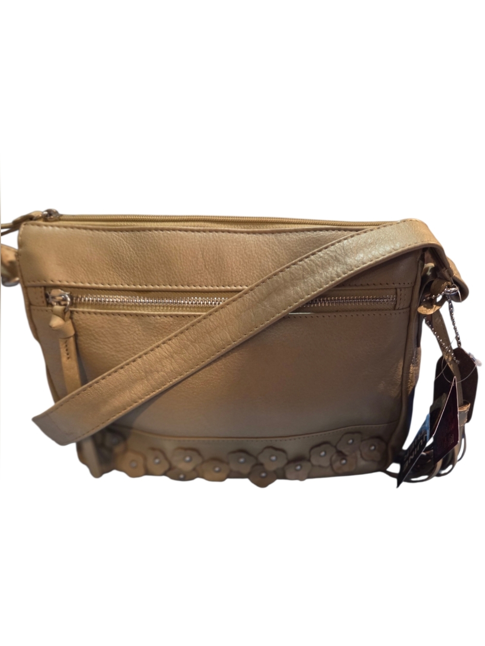 Great American Leather - NEW Shimmery Beige Leather Crossbody Bag Floral Studded - Picture 3 of 13